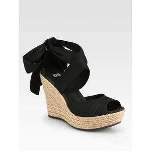 UGG Luciana Heel Wedge Sandals Shoes Size 6 Black Leather Platforms 1002916